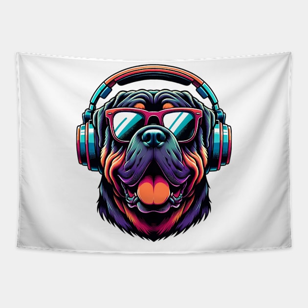 Neapolitan Mastiff as Smiling DJ with Headphones and Sunglasses Tapestry by ArtRUs