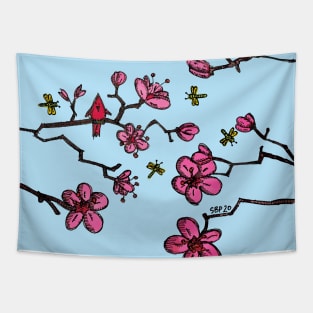 RED BIRD IN CHERRY BLOSSOMS Tapestry