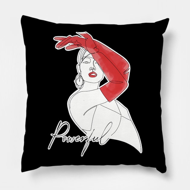 Fashion illustration of a woman with red gloves and the word powerful Pillow by Tana B 
