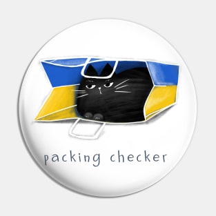 Cartoon black cat in the package and the inscription "Packing Checker". Pin