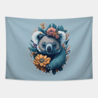 Cute smiling Koala bear with florals and foliage t-shirt design, apparel, mugs, cases, wall art, stickers, travel mug Tapestry