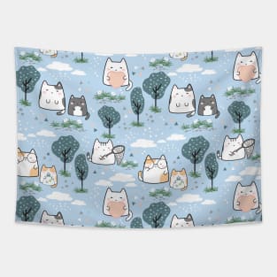 Seamless Pattern Trees Cute Kawaii Cats Tapestry