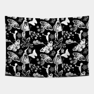 Sketch Butterflies and Flowers Black and White Pattern Tapestry