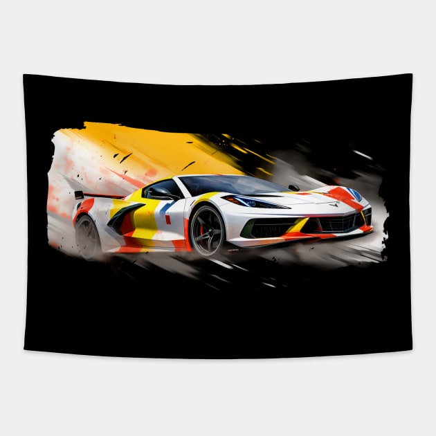 Arctic White C8 Corvette racecar on a race track Supercar Sports car Racing car Tapestry by Tees 4 Thee