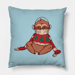 Merry Slothmas // Funny Cartoon Sloth in Christmas Sweater Pillow