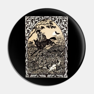 Witch Riding Devil Wolf Vintage Illustration Zuber Tarot Pin