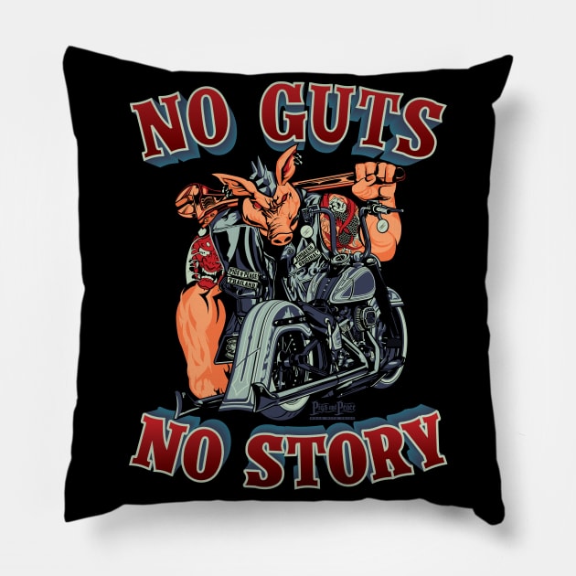 No guts No story,glory and story,navy blue and dark red biker pig llustration Pillow by Lekrock Shop