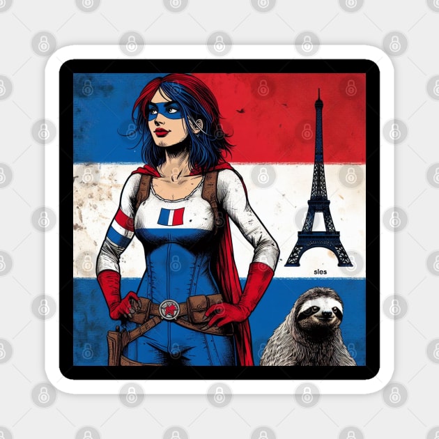 Francais: Female Gritty 80's Comic Book Hero with Sloth Magnet by Woodpile