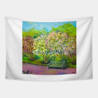 Bench in the lilac park Tapestry