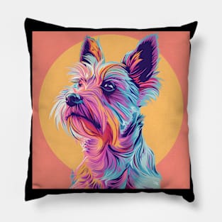 70s Silky Terrier Vibes: Pastel Pup Parade Pillow