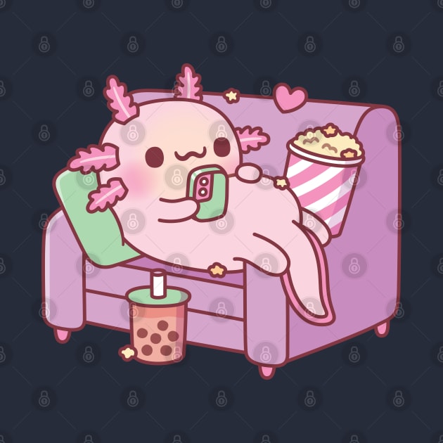 Cute Axolotl Chilling With Handphone Bubble Tea And Popcorn by rustydoodle