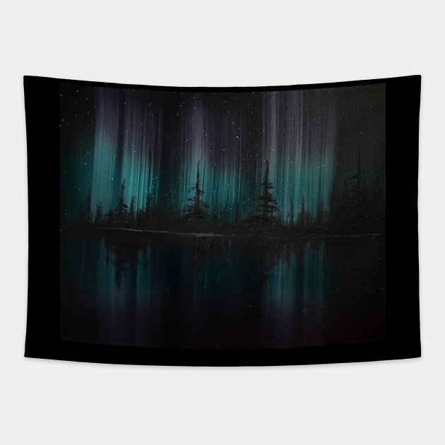 Purple and Teal Northern Lights Silhouette Tapestry by J&S mason