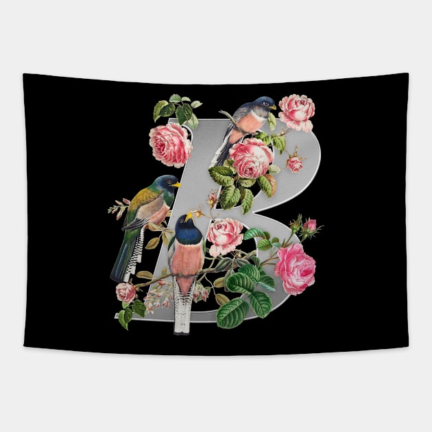 balance - colorful birds & vintage flowers overlap a chrome text. Tapestry by InkNap