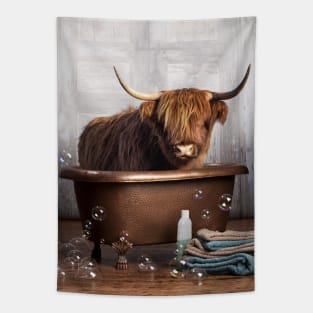 Highland Cow in a Bathtub Tapestry