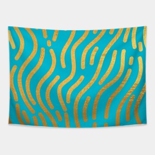 Cyan Gold colored abstract lines pattern Tapestry