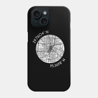 Houston Coordinates (latitude and longitude) in white text around map of H-Town, Texas Phone Case