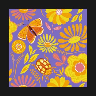 Golden summer florals on purple T-Shirt