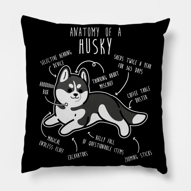 Black and White Siberian Husky Dog Anatomy Pillow by Psitta