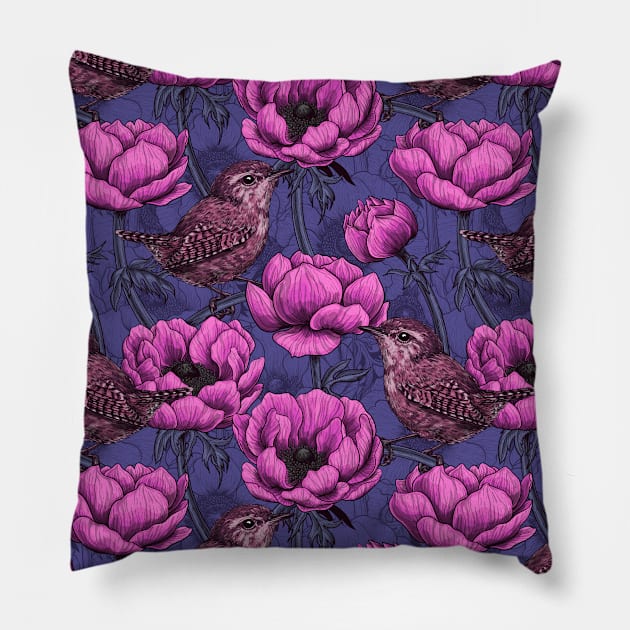 Wrens in the anemone garden Pillow by katerinamk