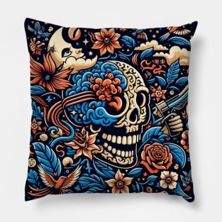 skull, flowers, brain and the moon Pillow