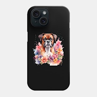 A boxer dog decorated with beautiful watercolor flowers Phone Case