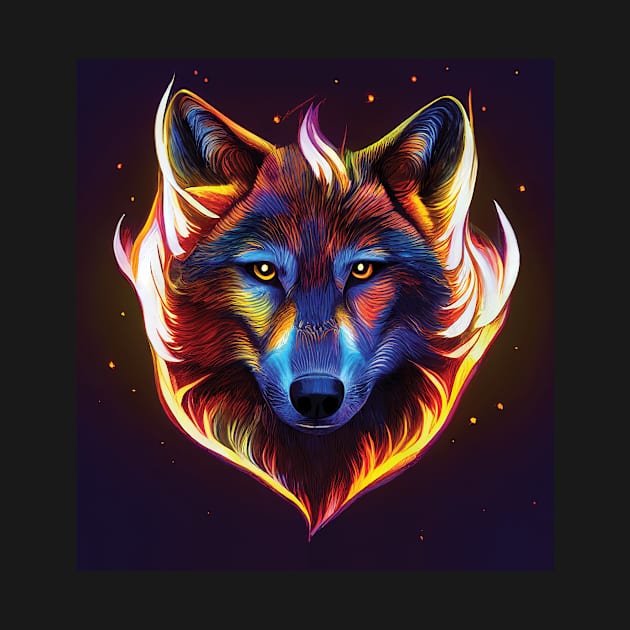 Wolf in Colourful Flames. Bold Striking Image by Geminiartstudio