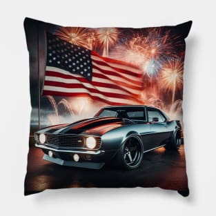 Chevrolet Camaro and The American Flag by Gas Autos Pillow