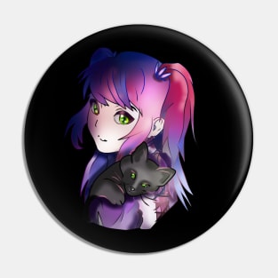 Witch enchantress with purple hair and a black kitten Pin