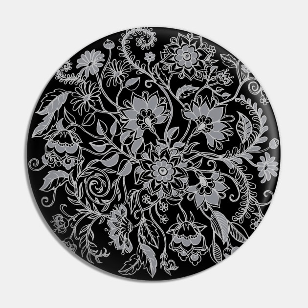 Jacobean-Inspired Light on Dark Grey Floral Doodle Pin by micklyn