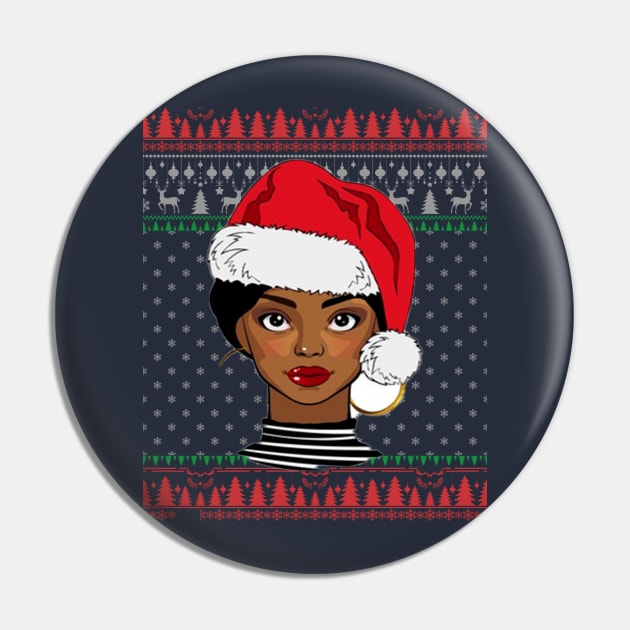 African American Black Women Santa Christmas Ugly Sweater Pin by Kribis