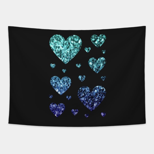 Teal and Dark Blue Ombre Faux Glitter Hearts Tapestry by Felicity-K