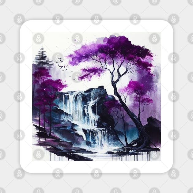 Purple Trees Waterfall Magnet by The Art Mage