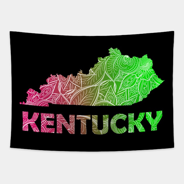 Colorful mandala art map of Kentucky with text in pink and green Tapestry by Happy Citizen