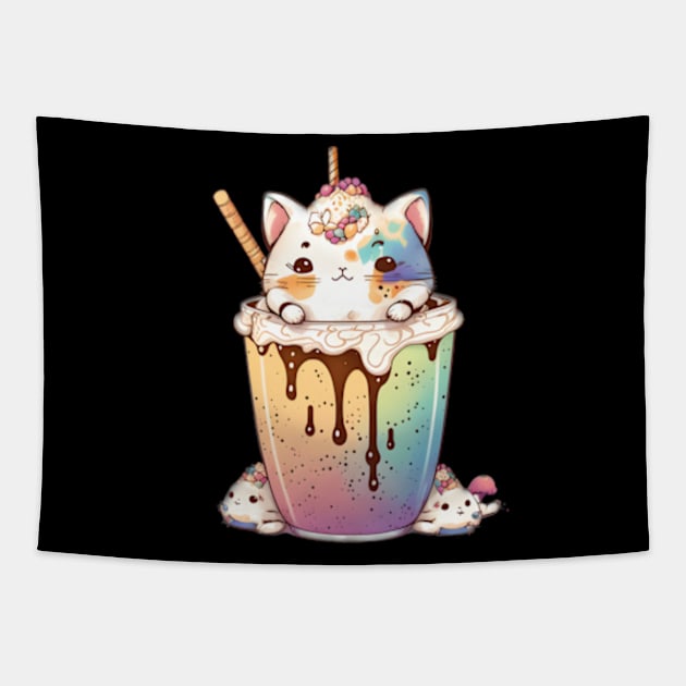 Kawaii Cat Drinks Boba Bubble Tea Anime Cute Animals drinking boba Tapestry by sarcasmandadulting