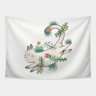 Cute floral cat stretching out on the floor Tapestry