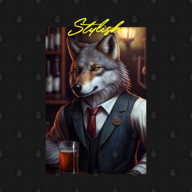 Wild And Classy Barkeeper Wolf In A Suit - Unique Wildlife Art Print For Fashion Lovers by Whimsical Animals