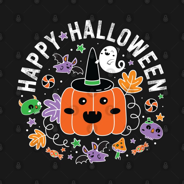 Spooky Cute Kawaii Halloween Pumpkin Bat Ghost by August Design