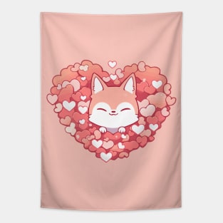 Cut fox hiding in a pile of hearts Tapestry