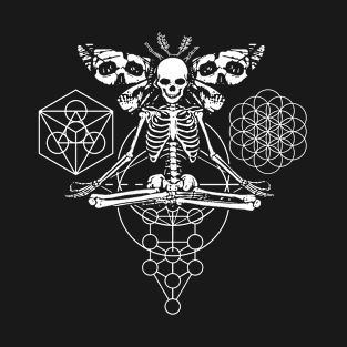 Occult Moth Meditating Skeleton Sacred Geometry T-Shirt