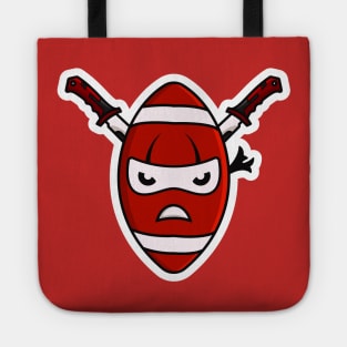 Rugby Ball Ninja with Swords Sticker design vector illustration. Sports object icon concept. Ninja mascot with American football sticker design icons logo with shadow. Tote