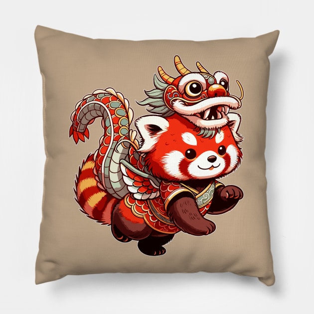 Kawaii Red Panda in Dragon Costume to Celebrate Lunar New Year 2024 Pillow by Half Sugar Boba