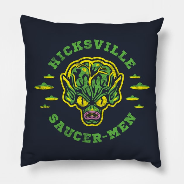 Saucer Men (Hicksville) Pillow by Dark Corners