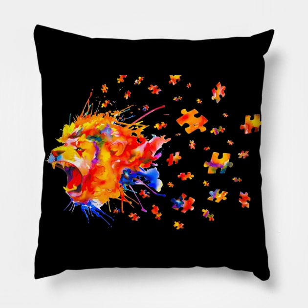 Autism Awareness Roar Cute Lion Puzzle Pillow by mlleradrian