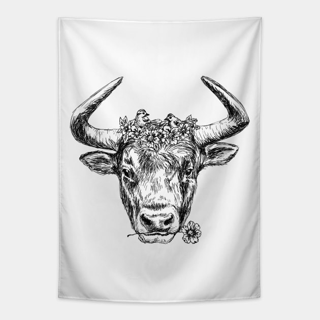Cute Bull Head Print Tapestry by rachelsfinelines