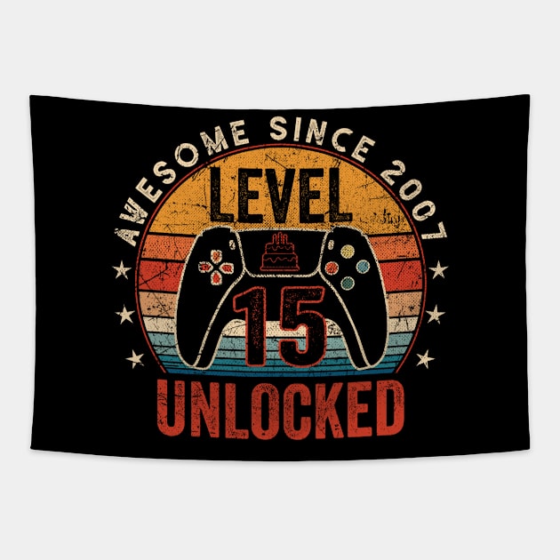 Vintage Level 15 Unlocked Video Gamer 15th Birthday Tapestry by ArifLeleu