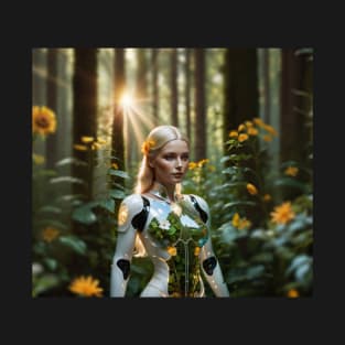 Blond girl robot in forest T-Shirt