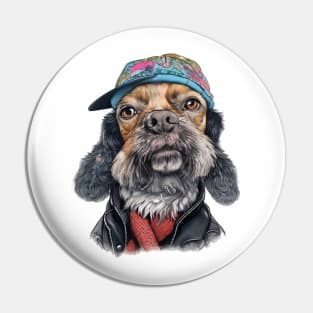 Schnauzer dog wearing a leather jacket and a cap Pin