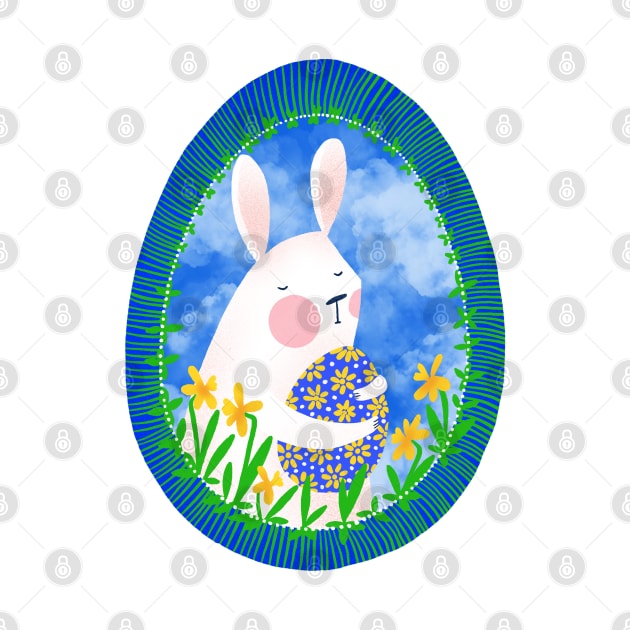 Cute white bunny with floral easter egg decoration on blue sky, version 1 by iulistration