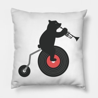 Black Bear with his Trumpet on Penny farthing Bike Pillow