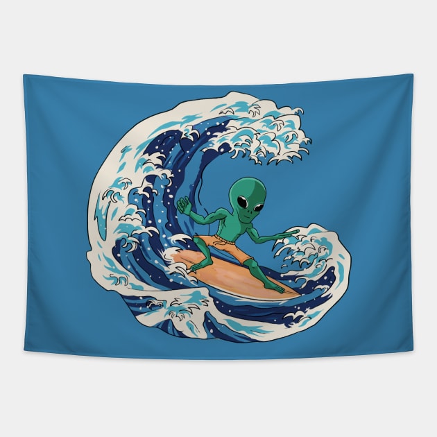 Martian Alien Surfing on a Great Wave // Funny Japanese Style Illustration Tapestry by SLAG_Creative